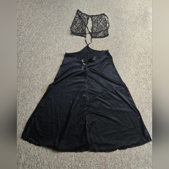 Fredericks of Hollywood Black Satin Lace Long 2 Slits Halter Top Nitgown Large - Picture 2 of 16